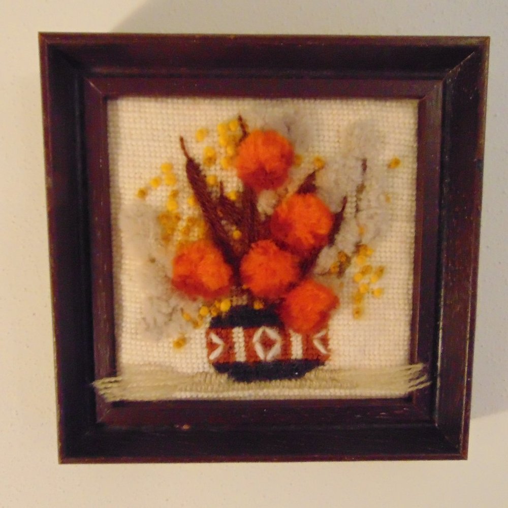 Vintage Southwestern Vase with Rust Cattails and Orange Flower, Needlepoint, 6x6